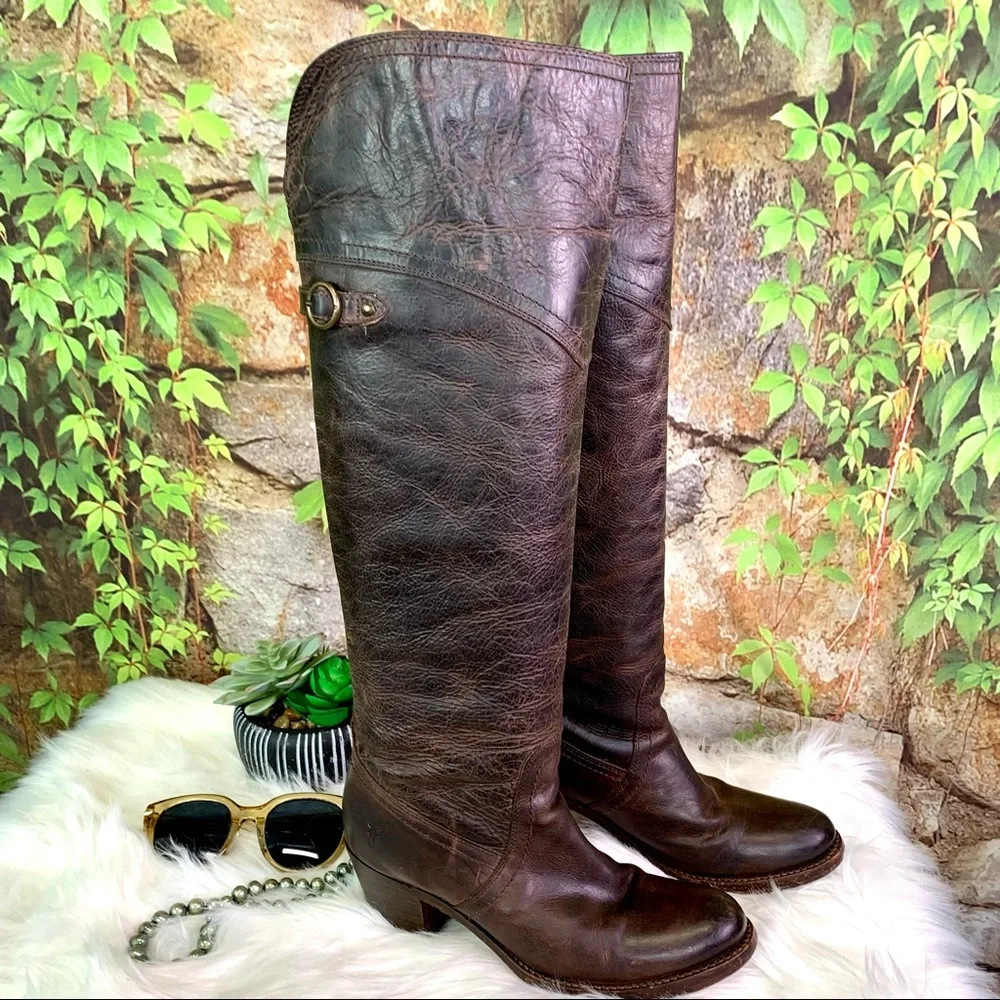 FRYE Classic Brown Jane Tall Cuff OTK Heeled Distressed Leather Boots, 6.5B